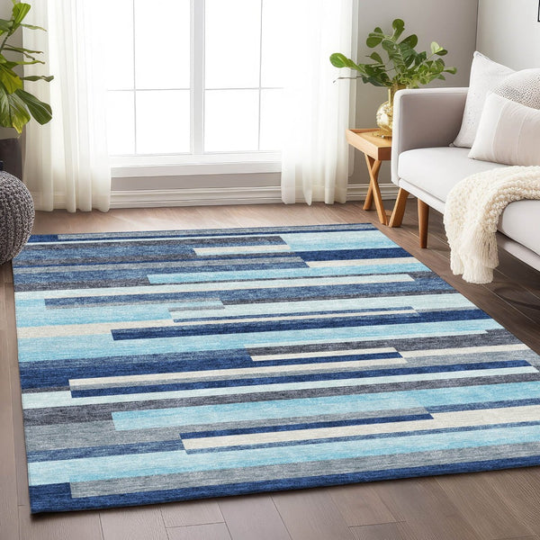 HomeRoots 8' X 10' Striped Washable Area Rug in Blue, Ivory & Gray - UV Protected, Durable & Easy Care! 675754