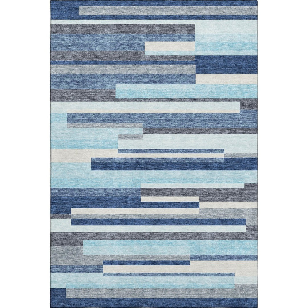HomeRoots 8' X 10' Striped Washable Area Rug in Blue, Ivory & Gray - UV Protected, Durable & Easy Care! 675754