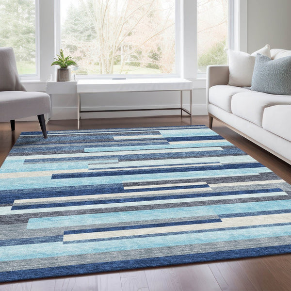 HomeRoots 8' X 10' Striped Washable Area Rug in Blue, Ivory & Gray - UV Protected, Durable & Easy Care! 675754