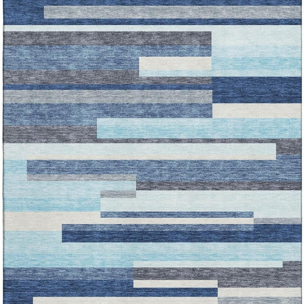 HomeRoots 8' X 10' Striped Washable Area Rug in Blue, Ivory & Gray - UV Protected, Durable & Easy Care! 675754
