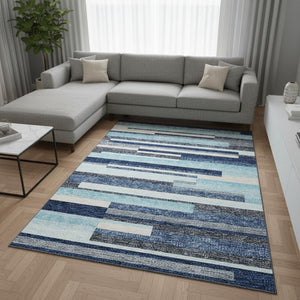 HomeRoots 9' X 12' Striped Blue, Ivory & Gray Washable Area Rug with UV Protection for Stylish Comfort & Durability 675755