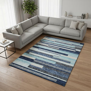 HomeRoots 10' X 14' Striped Area Rug in Blue, Ivory & Gray – Durable, UV-Protected & Machine-Washable Design 675756