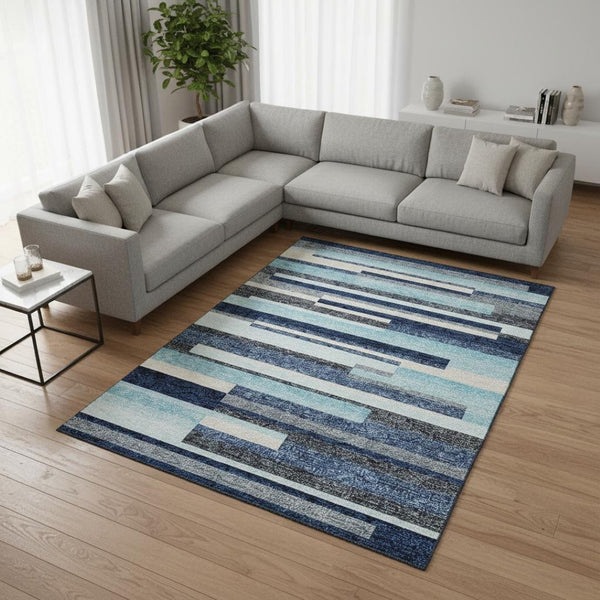 HomeRoots 10' X 14' Striped Area Rug in Blue, Ivory & Gray – Durable, UV-Protected & Machine-Washable Design 675756