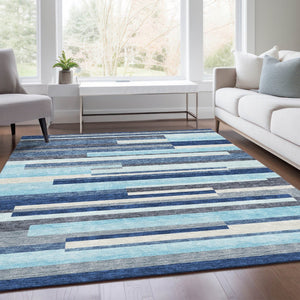 HomeRoots 10' X 14' Striped Area Rug in Blue, Ivory & Gray – Durable, UV-Protected & Machine-Washable Design 675756