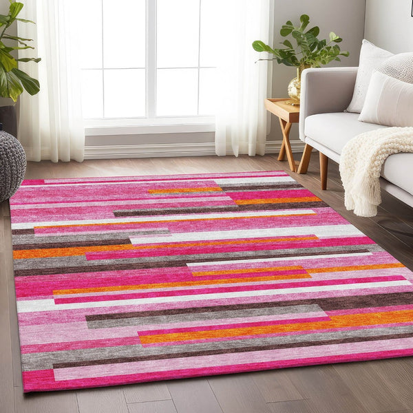HomeRoots 5' Blush Orange & Gray Striped Washable Area Rug with UV Protection for Stylish, Durable Living Spaces 675758