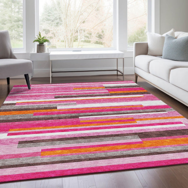 HomeRoots 5' Blush Orange & Gray Striped Washable Area Rug with UV Protection for Stylish, Durable Living Spaces 675758