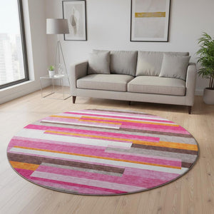 HomeRoots 8' Blush Orange & Gray Striped Round Rug - Washable, UV Protected, Soft & Stylish for Any Space 675759