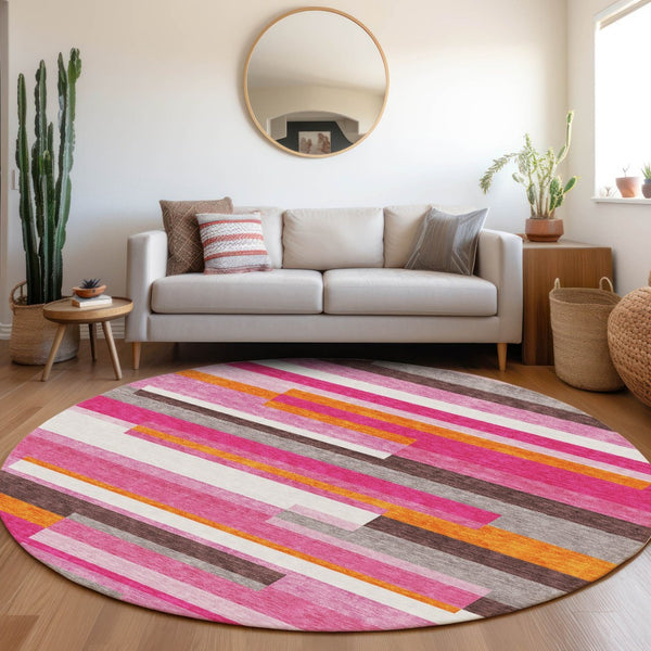 HomeRoots 8' Blush Orange & Gray Striped Round Rug - Washable, UV Protected, Soft & Stylish for Any Space 675759