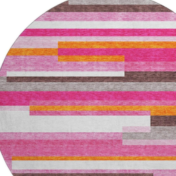 HomeRoots 8' Blush Orange & Gray Striped Round Rug - Washable, UV Protected, Soft & Stylish for Any Space 675759