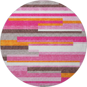 HomeRoots 8' Blush Orange & Gray Striped Round Rug - Washable, UV Protected, Soft & Stylish for Any Space 675759