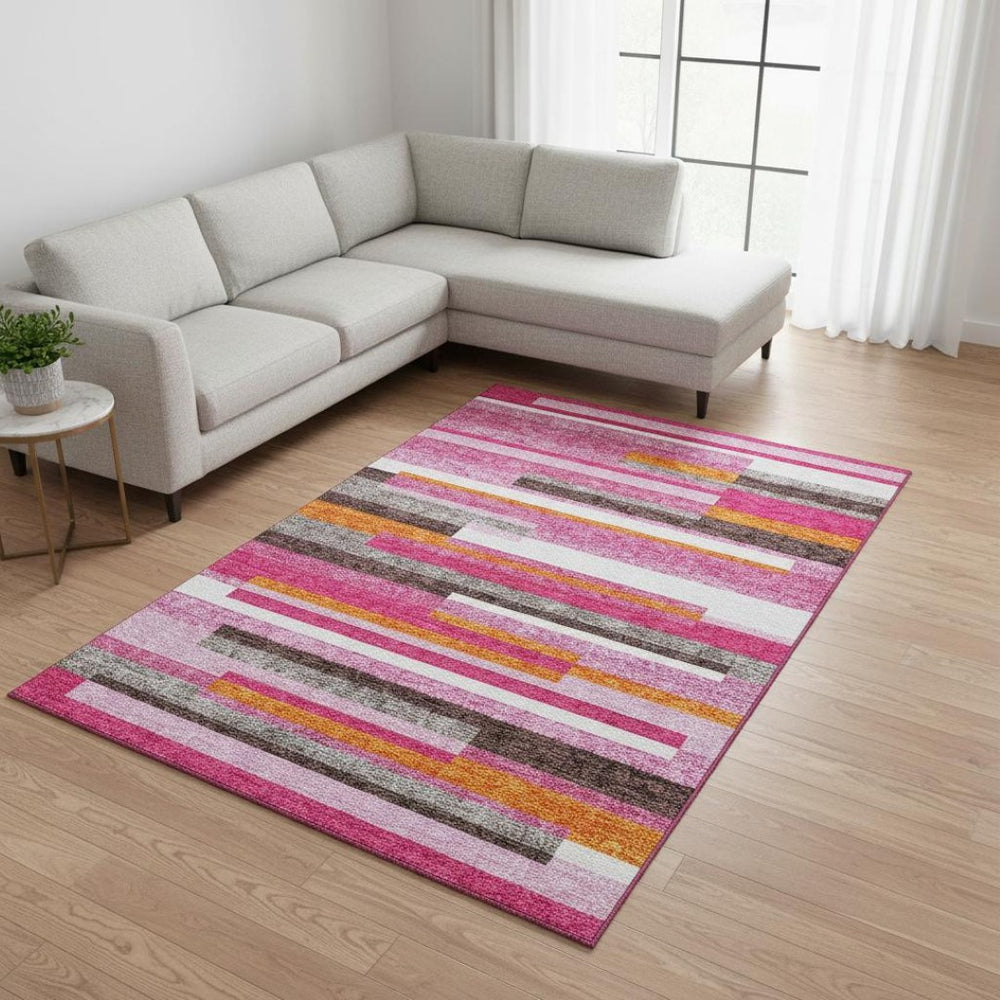 HomeRoots 8' X 10' Blush Orange & Gray Striped Washable Area Rug - Durable, Stain-Resistant, UV Protected Design! 675760