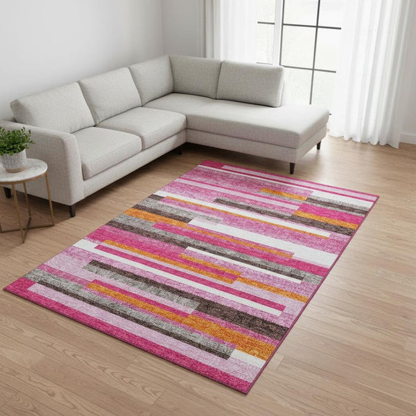 HomeRoots 8' X 10' Blush Orange & Gray Striped Washable Area Rug - Durable, Stain-Resistant, UV Protected Design! 675760