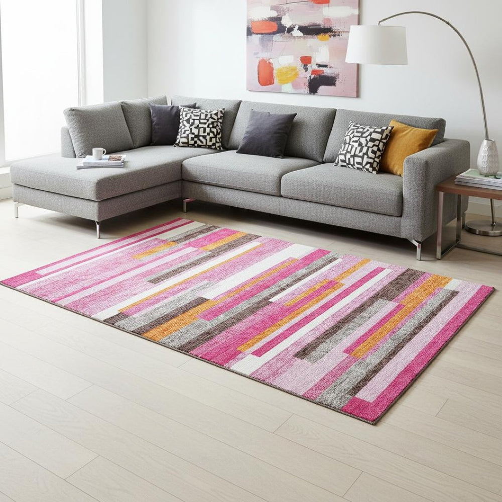 HomeRoots 9' X 12' Stylish Blush Orange & Gray Striped Washable Area Rug with UV Protection for Modern Homes 675761