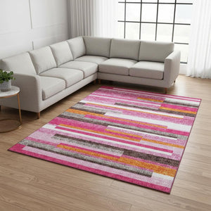 HomeRoots 10' X 14' Blush Orange & Gray Striped Washable Area Rug - Durable, Stylish, Perfect for Families! 675762