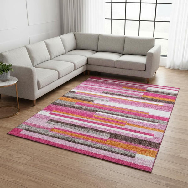 HomeRoots 10' X 14' Blush Orange & Gray Striped Washable Area Rug - Durable, Stylish, Perfect for Families! 675762