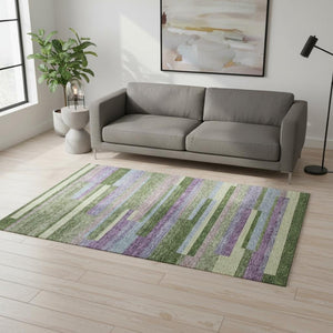 HomeRoots 5' Stylish Artichoke Green Area Rug with Purple and Blue Stripes - Washable, UV-Protected, Durable 675764