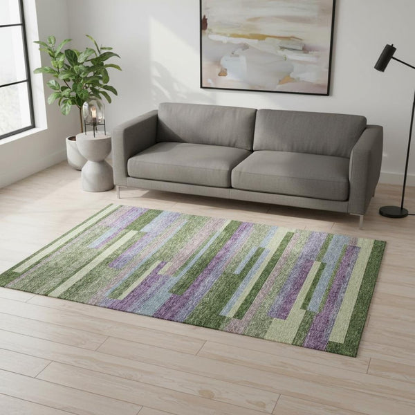 HomeRoots 5' Stylish Artichoke Green Area Rug with Purple and Blue Stripes - Washable, UV-Protected, Durable 675764