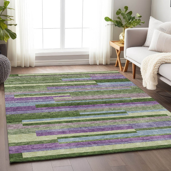 HomeRoots 5' Stylish Artichoke Green Area Rug with Purple and Blue Stripes - Washable, UV-Protected, Durable 675764