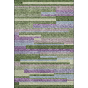 HomeRoots 5' Stylish Artichoke Green Area Rug with Purple and Blue Stripes - Washable, UV-Protected, Durable 675764