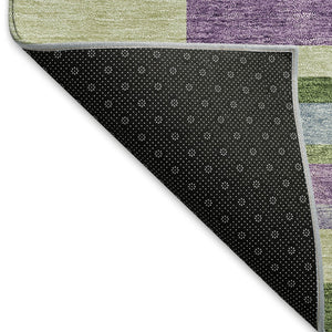 HomeRoots 5' Stylish Artichoke Green Area Rug with Purple and Blue Stripes - Washable, UV-Protected, Durable 675764