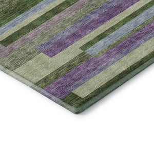 HomeRoots 5' Stylish Artichoke Green Area Rug with Purple and Blue Stripes - Washable, UV-Protected, Durable 675764