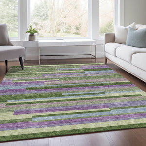 HomeRoots 5' Stylish Artichoke Green Area Rug with Purple and Blue Stripes - Washable, UV-Protected, Durable 675764