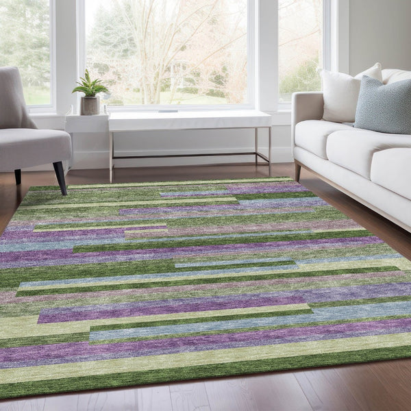 HomeRoots 5' Stylish Artichoke Green Area Rug with Purple and Blue Stripes - Washable, UV-Protected, Durable 675764