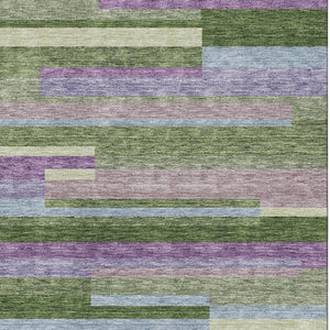 HomeRoots 5' Stylish Artichoke Green Area Rug with Purple and Blue Stripes - Washable, UV-Protected, Durable 675764