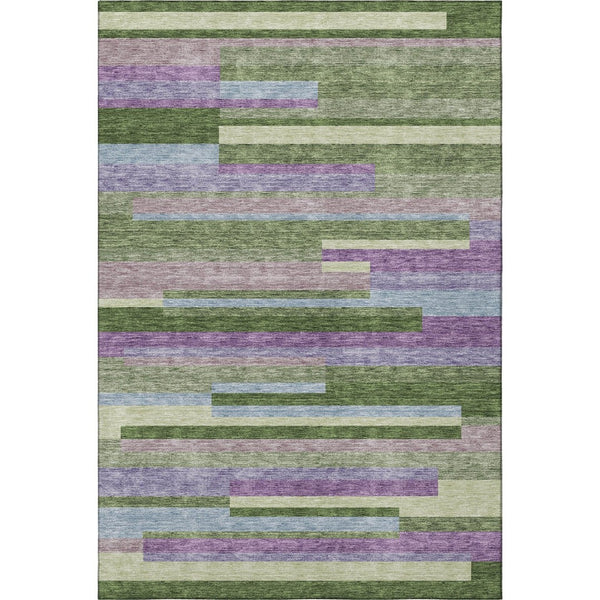 HomeRoots 5' Stylish Artichoke Green Area Rug with Purple and Blue Stripes - Washable, UV-Protected, Durable 675764