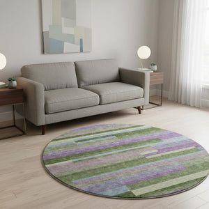 HomeRoots 8' Vibrant Artichoke Green, Purple & Blue Striped Washable Round Rug with UV Protection & Durability 675765