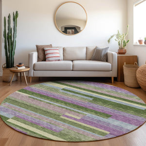 HomeRoots 8' Vibrant Artichoke Green, Purple & Blue Striped Washable Round Rug with UV Protection & Durability 675765