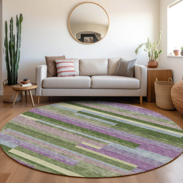 HomeRoots 8' Vibrant Artichoke Green, Purple & Blue Striped Washable Round Rug with UV Protection & Durability 675765