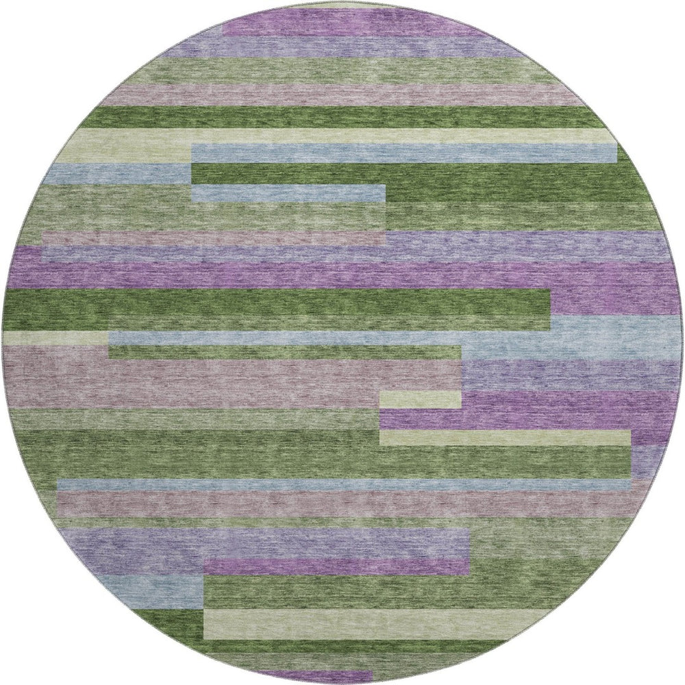 HomeRoots 8' Vibrant Artichoke Green, Purple & Blue Striped Washable Round Rug with UV Protection & Durability 675765