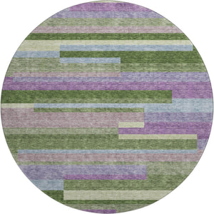 HomeRoots 8' Vibrant Artichoke Green, Purple & Blue Striped Washable Round Rug with UV Protection & Durability 675765