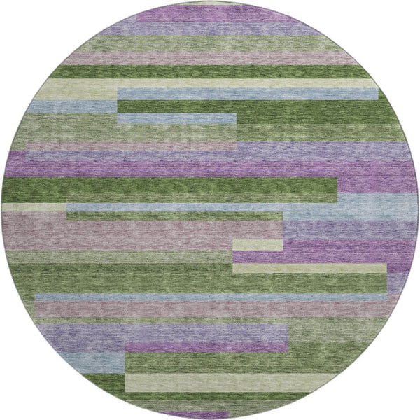 HomeRoots 8' Vibrant Artichoke Green, Purple & Blue Striped Washable Round Rug with UV Protection & Durability 675765
