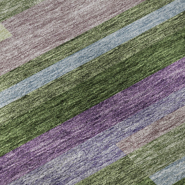 HomeRoots 8' Vibrant Artichoke Green, Purple & Blue Striped Washable Round Rug with UV Protection & Durability 675765