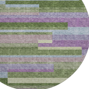 HomeRoots 8' Vibrant Artichoke Green, Purple & Blue Striped Washable Round Rug with UV Protection & Durability 675765