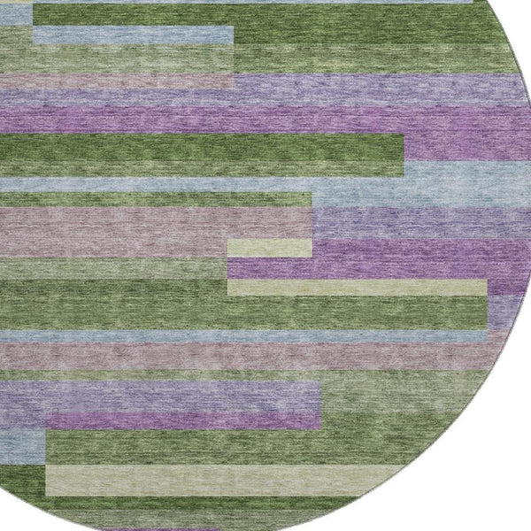 HomeRoots 8' Vibrant Artichoke Green, Purple & Blue Striped Washable Round Rug with UV Protection & Durability 675765