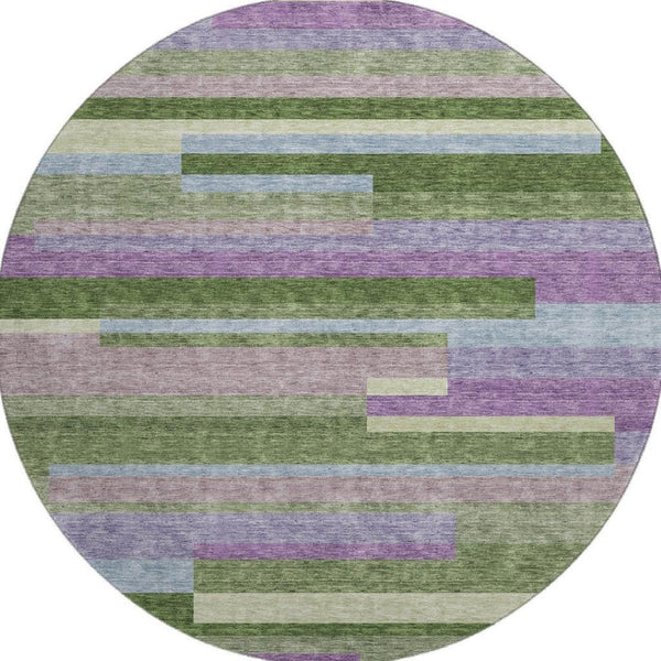 HomeRoots 8' Vibrant Artichoke Green, Purple & Blue Striped Washable Round Rug with UV Protection & Durability 675765