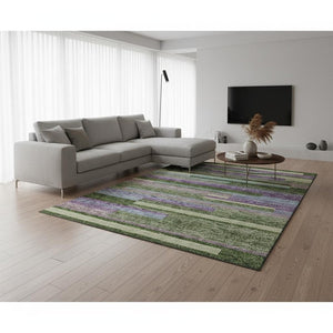 HomeRoots 8' X 10' Striped Area Rug in Artichoke Green, Purple & Blue - Washable, UV-Protected & Stain Resistant! 675766