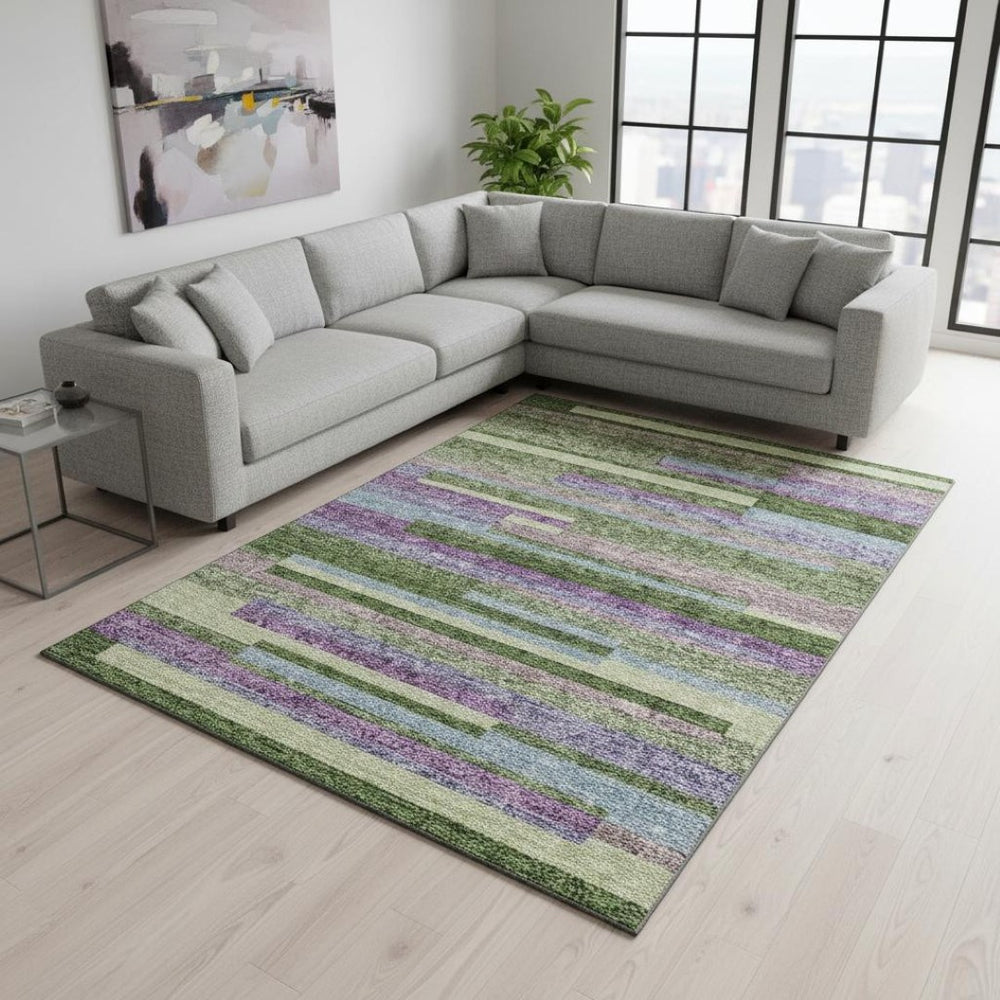 HomeRoots 10' X 14' Vibrant Artichoke Green, Purple & Blue Striped Washable Rug with UV Protection & Durability 675768