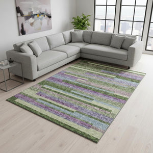 HomeRoots 10' X 14' Vibrant Artichoke Green, Purple & Blue Striped Washable Rug with UV Protection & Durability 675768