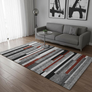 HomeRoots 5' X 8' Stylish Gray, Red & Silver Striped Washable Area Rug with UV Protection for Every Home 675770