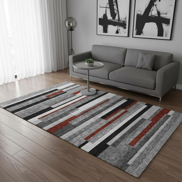 HomeRoots 5' X 8' Stylish Gray, Red & Silver Striped Washable Area Rug with UV Protection for Every Home 675770