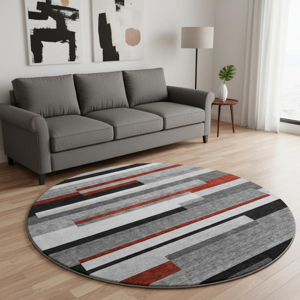 HomeRoots 8' Gray Red Silver Striped Washable Round Rug - Durable, Stain-Resistant, UV-Protected for Any Room 675771