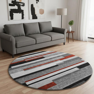 HomeRoots 8' Gray Red Silver Striped Washable Round Rug - Durable, Stain-Resistant, UV-Protected for Any Room 675771
