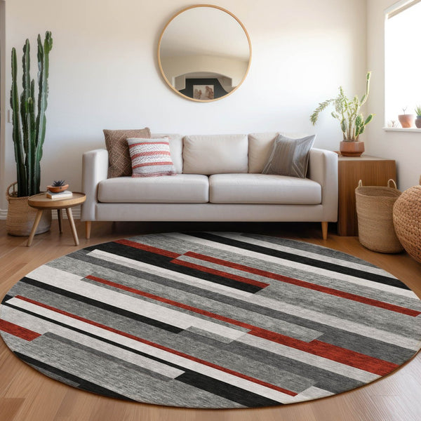 HomeRoots 8' Gray Red Silver Striped Washable Round Rug - Durable, Stain-Resistant, UV-Protected for Any Room 675771