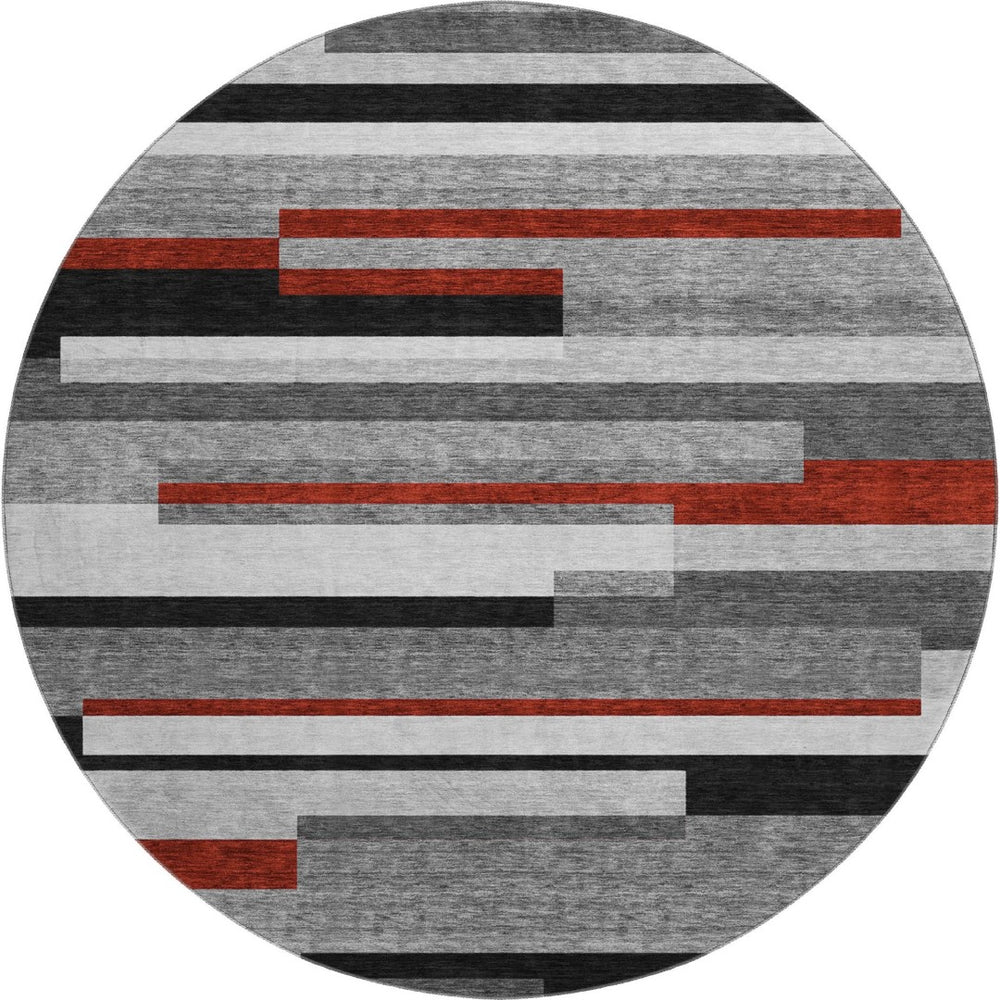 HomeRoots 8' Gray Red Silver Striped Washable Round Rug - Durable, Stain-Resistant, UV-Protected for Any Room 675771