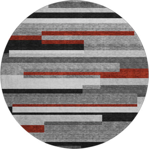 HomeRoots 8' Gray Red Silver Striped Washable Round Rug - Durable, Stain-Resistant, UV-Protected for Any Room 675771