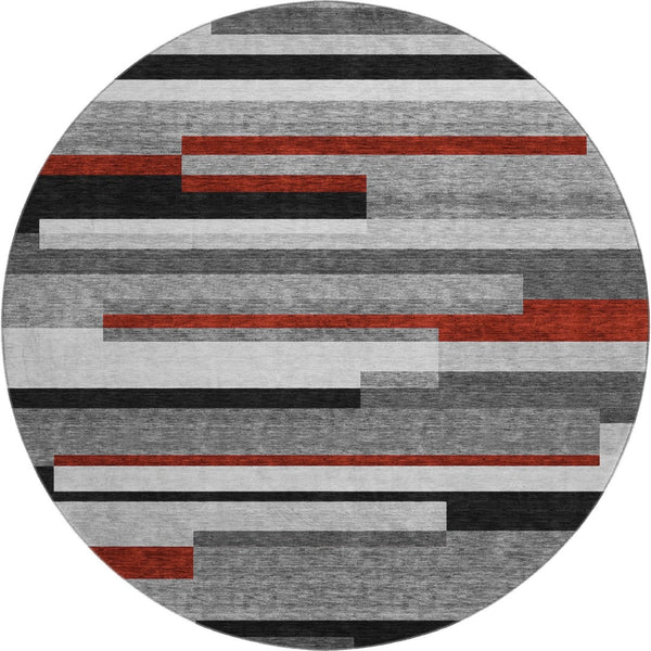 HomeRoots 8' Gray Red Silver Striped Washable Round Rug - Durable, Stain-Resistant, UV-Protected for Any Room 675771